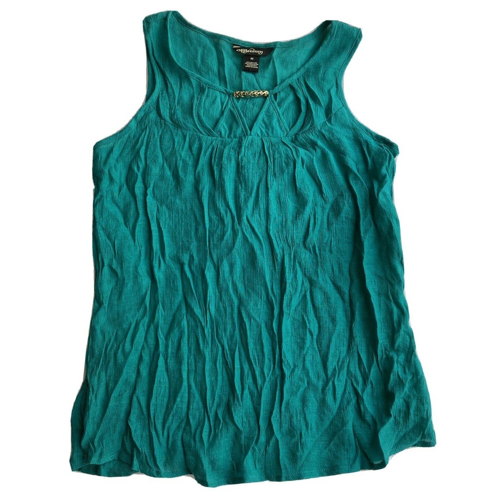 Millenium Tank Top Sz M Blouse Teal Gold Accent Rayon Work Casual Vintage Womens